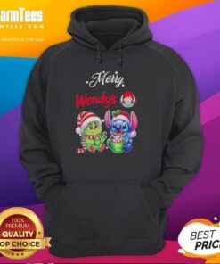 Alt Text: Premium Baby Grinch and Stitch x Wendy's Merry Christmas Hoodie featuring festive design and vibrant colors.