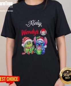 Premium Baby Grinch and Stitch x Wendy's Merry Christmas ladies tee, featuring festive designs perfect for holiday wear.