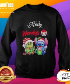 Premium Baby Grinch and Stitch x Wendy's Merry Christmas sweatshirt featuring festive designs and vibrant colors.