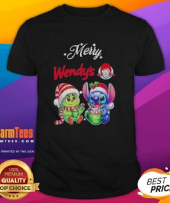 Premium Baby Grinch and Stitch X Wendy's Merry Christmas T-Shirt featuring festive graphics for holiday cheer.