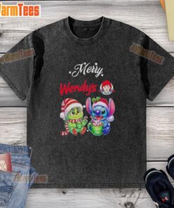 Premium Baby Grinch and Stitch X Wendy's Merry Christmas washed t-shirt featuring festive graphics for holiday joy.
