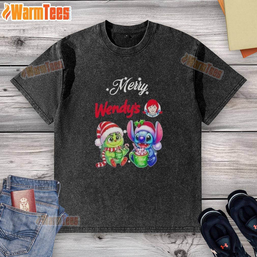 premium-baby-grinch-and-stitch-x-wendys-merry-christmas-washed-t-shirt Premium Baby Grinch and Stitch X Wendy's Merry Christmas washed t-shirt featuring festive graphics for holiday joy.