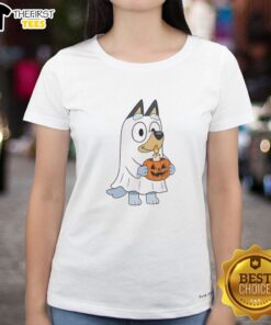 Premium Bluey Halloween ghost design on a pumpkin cartoon ladies tee, perfect for festive and fun Halloween celebrations.
