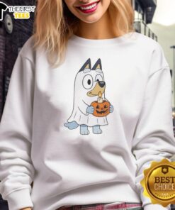 Alt Text: Premium Bluey Halloween ghost sweatshirt featuring Bluey and a pumpkin in a fun cartoon design for kids.