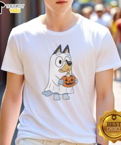 Premium Bluey Halloween Ghost T-Shirt featuring a cartoon Bluey with a pumpkin design, perfect for Halloween festivities.