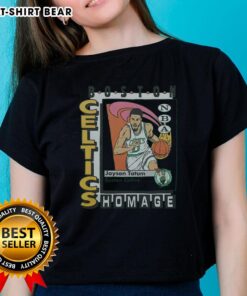 Premium Boston Celtics trading card featuring Jayson Tatum on a stylish ladies tee, perfect for basketball fans.