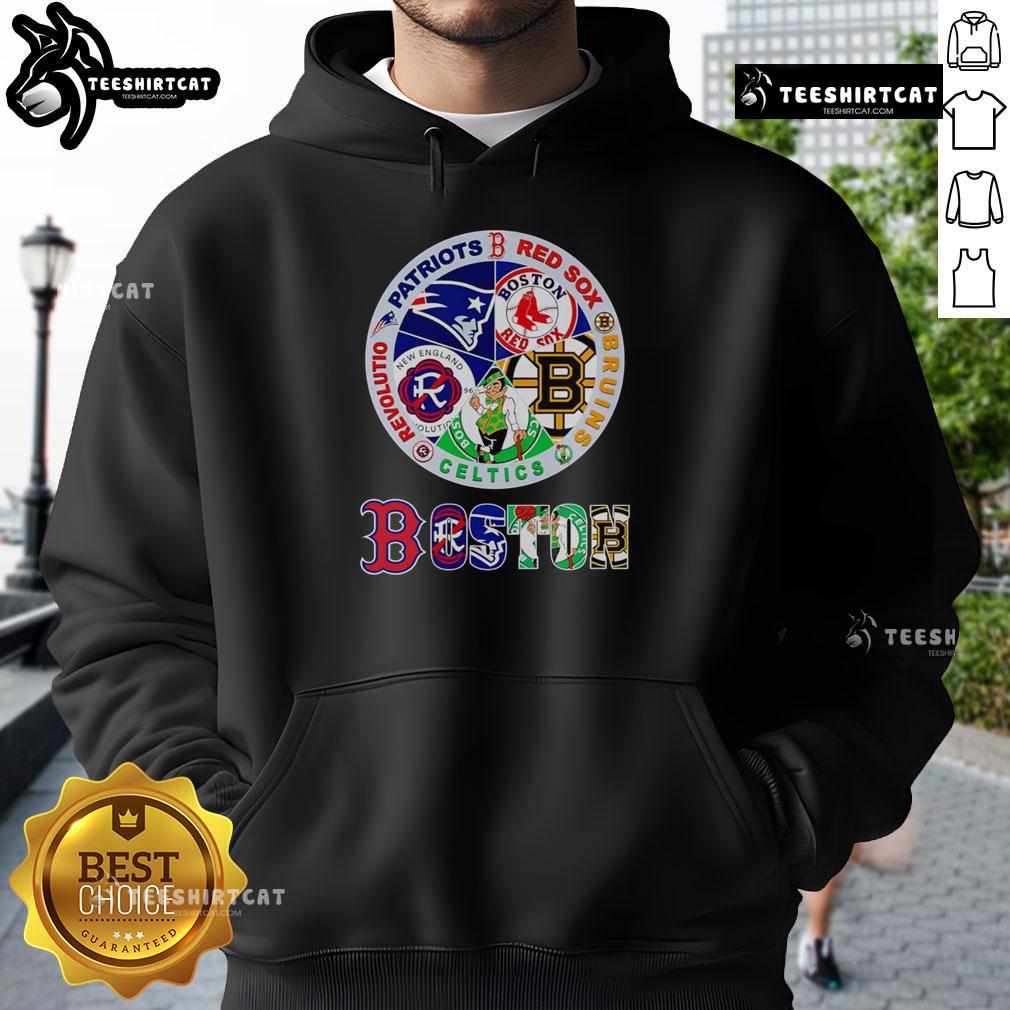 Premium Boston Sports Patriots Red Sox Bruins Celtics Revolution Logo Hoodie Premium Boston sports hoodie featuring Patriots, Red Sox, Bruins, Celtics, and Revolution logos for fans.