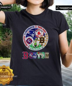 Premium Boston Sports ladies tee featuring Patriots, Red Sox, Bruins, Celtics, and Revolution logos for stylish fans.