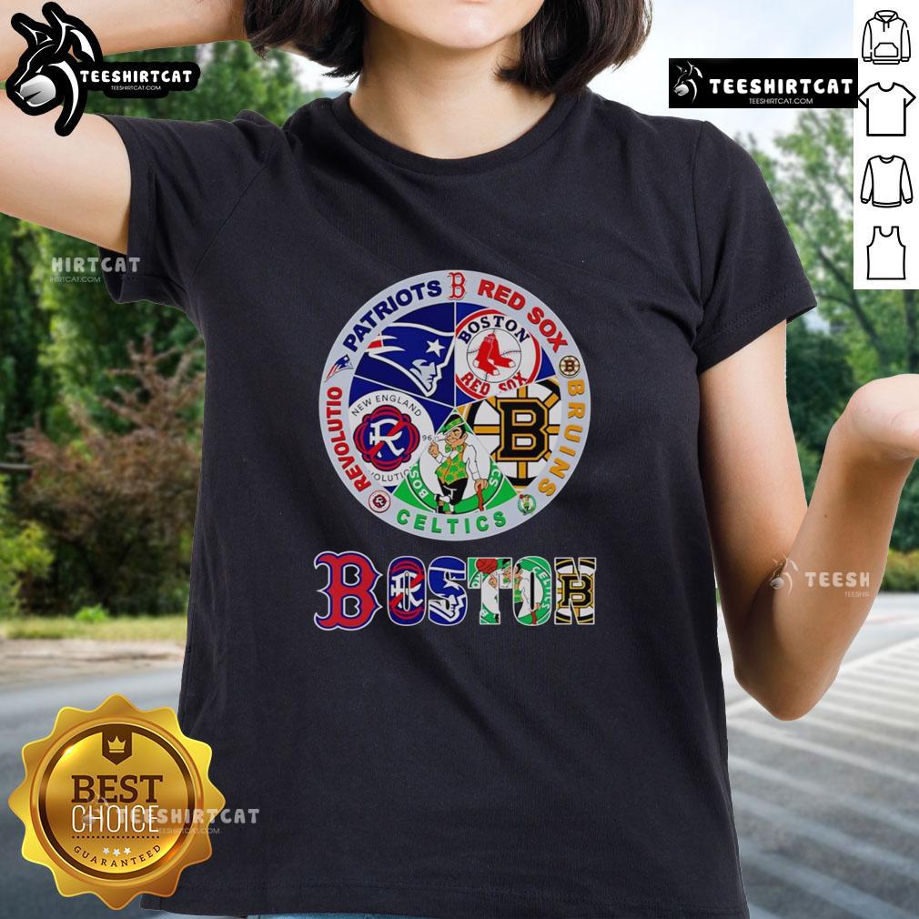 Premium Boston Sports Patriots Red Sox Bruins Celtics Revolution Logo Ladies-Tee Premium Boston Sports ladies tee featuring Patriots, Red Sox, Bruins, Celtics, and Revolution logos for stylish fans.