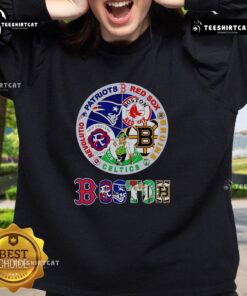Premium Boston Sports sweatshirt featuring logos of the Patriots, Red Sox, Bruins, Celtics, and Revolution.