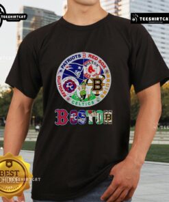 Premium Boston sports logo T-shirt featuring Patriots, Red Sox, Bruins, Celtics, and Revolution designs.