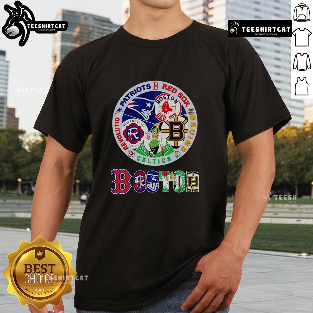 Premium Boston Sports Patriots Red Sox Bruins Celtics Revolution Logo T Shirt Premium Boston sports logo T-shirt featuring Patriots, Red Sox, Bruins, Celtics, and Revolution designs.