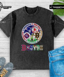 Alt Text: Premium Boston Sports T-shirt featuring Patriots, Red Sox, Bruins, Celtics, and Revolution logos in washed design.