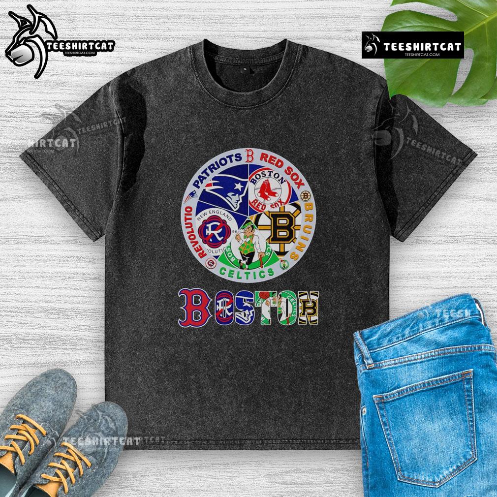 Premium Boston Sports Patriots Red Sox Bruins Celtics Revolution Logo Washed T-Shirt Alt Text: Premium Boston Sports T-shirt featuring Patriots, Red Sox, Bruins, Celtics, and Revolution logos in washed design.