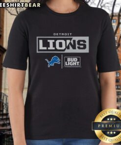 Alt Text: Premium Bud Light Detroit Lions team ladies tee featuring vibrant team colors and logo for passionate fans.