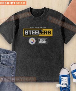 Alt Text: Premium Bud Light Pittsburgh Steelers team washed t-shirt featuring the iconic Steelers logo and vibrant colors.