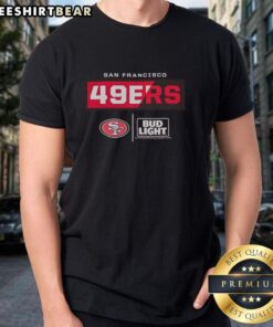 Alt Text: Premium Bud Light San Francisco 49ers team t-shirt featuring bold graphics and comfortable fit for fans.