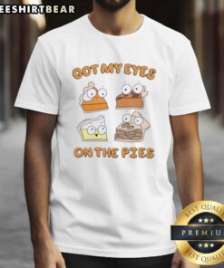 Premium cartoon pumpkin pie, pecan pie, lemon meringue pie, and apple pie T-shirt design for dessert lovers.