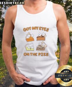 Premium cartoon pumpkin, pecan, lemon meringue, and apple pie tank top design featuring colorful pie illustrations.