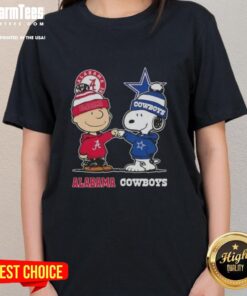 Premium Charlie Brown and Snoopy Alabama Crimson Tide x Dallas Cowboys ladies tee featuring vibrant graphics and team logos.