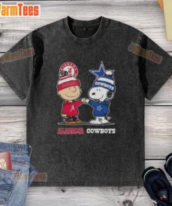 Premium Charlie Brown and Snoopy Alabama Crimson Tide x Dallas Cowboys washed t-shirt showcasing iconic characters and team logos.
