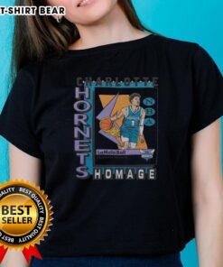 Premium Charlotte Hornets trading card featuring LaMelo Ball on a stylish ladies tee, perfect for fans.