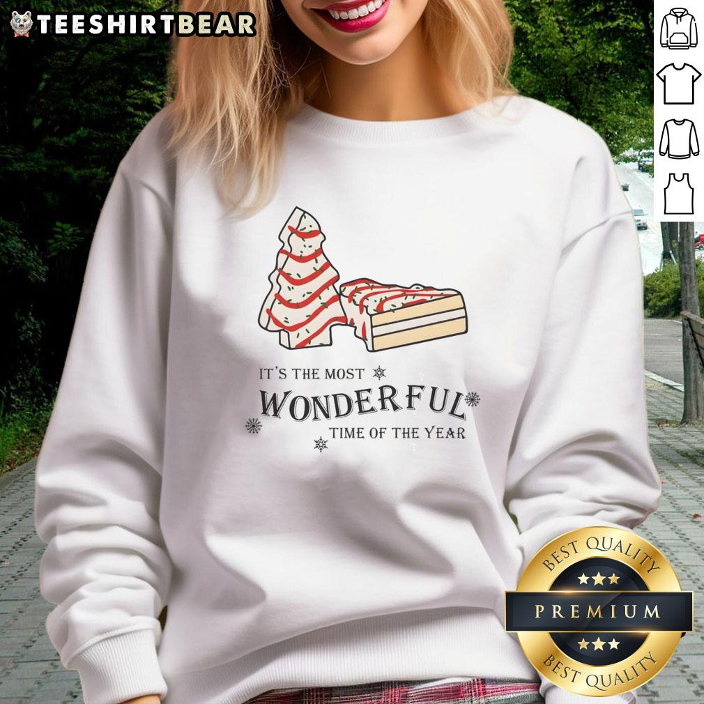 Premium Christmas Tree Cake It'S The Most Wonderful Time Of The Year Sweatshirt Alt Text: Cozy sweatshirt featuring a festive Christmas tree cake design, perfect for celebrating the most wonderful time of the year.