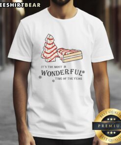 Premium Christmas Tree Cake T-Shirt celebrating 'It's The Most Wonderful Time Of The Year' with festive design.