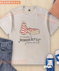 Alt Text: Premium Christmas Tree Cake T-shirt featuring festive design for the most wonderful time of the year celebration.