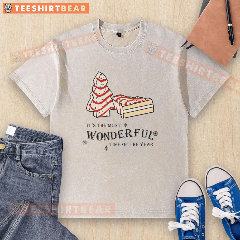 Premium Christmas Tree Cake It's The Most Wonderful Time Of The Year Washed T-Shirt Alt Text: Premium Christmas Tree Cake T-shirt featuring festive design for the most wonderful time of the year celebration.