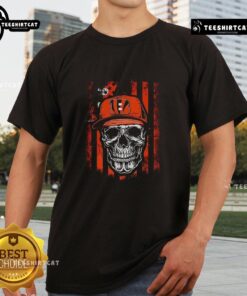 Alt Text: Premium Cincinnati Bengals NFL Skull T-Shirt featuring American flag design for football lovers. Perfect game day apparel.