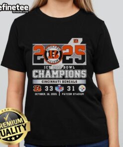 Alt Text: Premium Cincinnati Bengals vs Pittsburgh Steelers Icy Hot Bowl Champions 2025 Ladies Tee showcasing team pride.