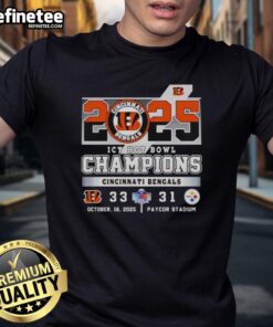 Premium Cincinnati Bengals vs Pittsburgh Steelers Icy Hot Bowl Champions 2025 T-Shirt featuring bold team logos and vibrant colors.