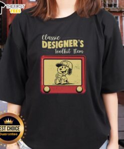 Premium classic designers toolkit item featuring Snoopy in 8-bit retro style on a ladies tee shirt.