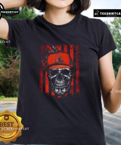 Premium Cleveland Browns NFL skull tee with American flag design, perfect for football lovers and ladies' fashion.