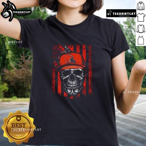 Premium Cleveland Browns NFL skull tee with American flag design, perfect for football lovers and ladies' fashion.