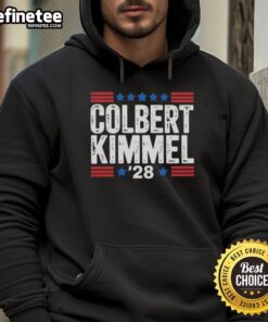 Premium Colbert Kimmel 28 Stars Hoodie in black with vibrant star graphic, perfect for fans of late-night comedy.