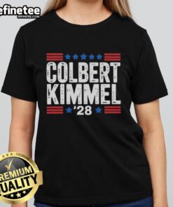 Premium Colbert Kimmel 28 Stars Ladies Tee featuring a stylish design perfect for fans of late-night comedy.