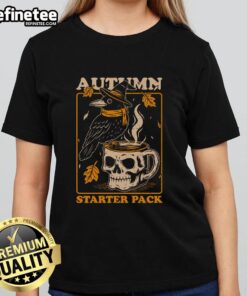 Premium Crow Autumn Coffee Starter Pack featuring a stylish skull design on a ladies tee for coffee lovers.