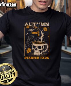 Alt Text: Premium Crow Autumn Coffee Starter Pack features a stylish skull graphic t-shirt perfect for fall coffee lovers.