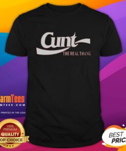 Alt Text: Premium Cunt The Real Thang logo T-Shirt featuring a bold graphic design on a stylish black fabric background.