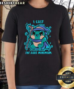 Alt Text: Premium cute frog graphic on 'I Cast The Bare Minimum' ladies tee shirt, perfect for casual wear and frog lovers.