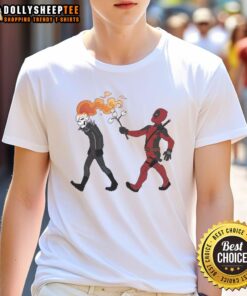 Premium Deadly S'mores Deadpool Ghost Rider T-Shirt featuring vibrant graphics of Deadpool and Ghost Rider in a fun design.