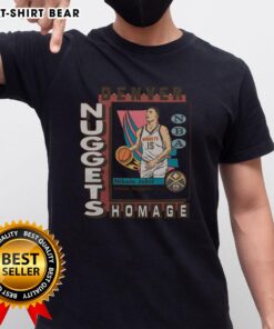 Alt Text: Premium Denver Nuggets trading card featuring Nikola Jokic on a stylish T-shirt, perfect for basketball fans.