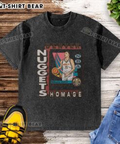 Premium Denver Nuggets trading card featuring Nikola Jokic on a washed t-shirt design, perfect for fans.