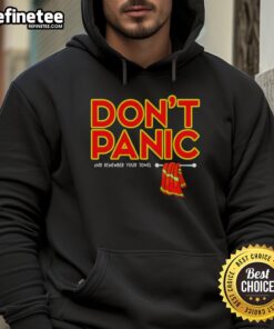 Premium Don't Panic And Remember Your Towel Hoodie in navy blue, perfect for fans of The Hitchhiker's Guide to the Galaxy.