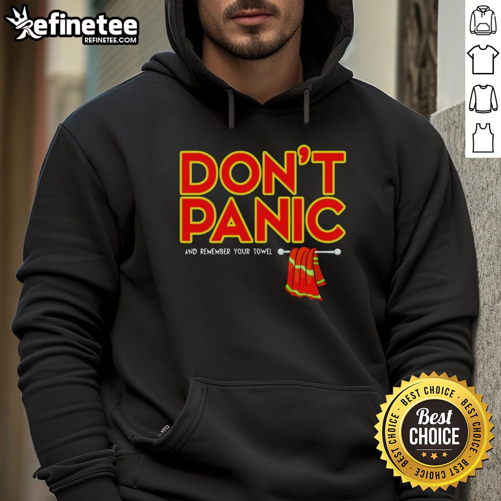 Premium Don'T Panic And Remember Your Towel Hoodie Premium Don't Panic And Remember Your Towel Hoodie in navy blue, perfect for fans of The Hitchhiker's Guide to the Galaxy.