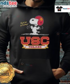Premium Fight On To Victory Peanuts x USC Football Trojans hoodie featuring iconic cartoon characters and team colors.
