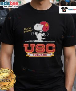 Premium Fight On To Victory Peanuts X USC Football Trojans T-Shirt featuring iconic cartoon characters and team colors.