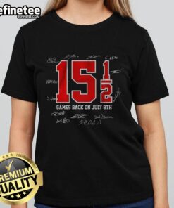 Premium Games back on July 8th Cleveland Baseball Signature Ladies Tee showcasing stylish design for fans.